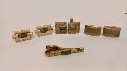 Men's Vintage Cufflinks and Tie Clip Set - Gold Tone with Green Inlays