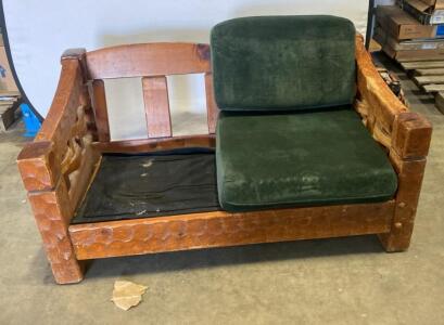 Rustic Wooden Loveseat with Dark Green Cushions, Approx. 65" L x 36" W x 32" H ( Missing one set of Cushions)