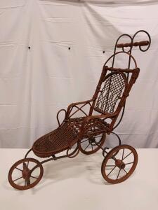 Antique Wicker Doll Stroller ~31.5" Tall, Metal & Wood Scroll Handle, Three Wheel Pram c.1900s