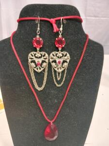 Filigree Heart Jewelry Set &ndash; Red Glass Pendant Necklace & Dangle Earrings, Silver-Tone Metal