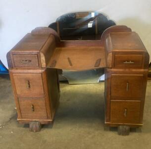Art Deco Waterfall Vanity, 1930s-40s, 6-Drawer, Detached Scalloped Mirror, Oak Veneer, Casters