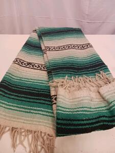 Green Black White Striped Mexican Falsa Blanket, Cotton Acrylic Blend, Fringed Ends
