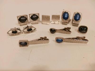 Vintage Mid-Century Silver-Tone Cufflinks and Tie Bars Set, Blue & Black Cabochon Stones, 9 Pieces