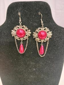 Silver-Tone Dangle Earrings with Bright Pink Faux Pearls, Decorative Chain, Teardrop Accents
