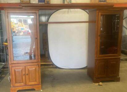 Large Wood Entertainment Center Unit &ndash; Twin Glass Door Cabinets, Lighted Display, Lower Storage, 3-Piece