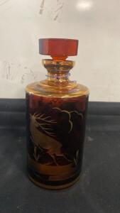 Amber Glass Decanter, Cut Etched Scenic Deer & Trees, Octagonal Stopper, Vintage Bohemian Style