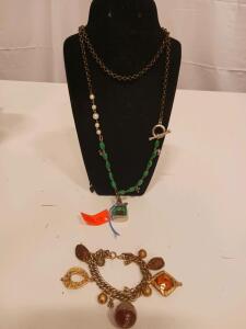 Vintage Gold-Tone Charm Bracelet & Contemporary Green Bead Necklace with Padlock Pendant