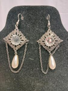 Filigree Silver-Toned Dangle Earrings, Rhinestone Center, Faux Pearl Drop, Double Chain Accent