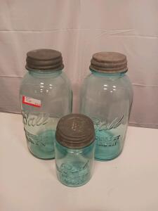 Vintage Ball Perfect Mason Jars, Blue Glass, Zinc Lids, Set of 3, Pint & Quart Sizes
