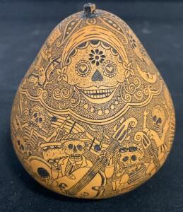 Pablo Hurtado Signed Peruvian Mate Burilado &ndash; Day of the Dead Hand-Carved Gourd, Musical Skeletons