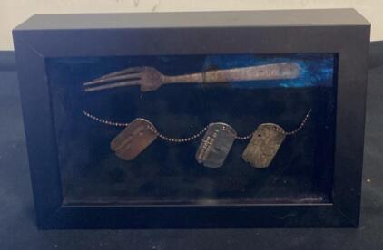 Framed Military Shadow Box with USN Fork and 3 Dog Tags, Professional Display, Approx. 12"x8"
