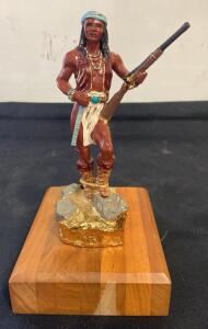 Ronald AJ Lee Native American Warrior Figurine, Hand-Painted, With Wooden Base & Artist Tag