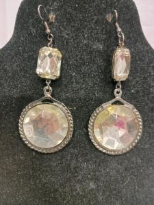Clear Faceted Crystal Glass Dangle Earrings, Silvertone Metal, Fishhook, 2.25" Drop