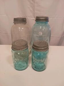 Vintage Ball & Kerr Mason Jars Set &ndash; Blue & Clear Glass, Zinc Lids, Quart & Pint Sizes