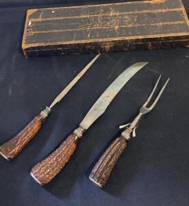 Landers Frary & Clark &AElig;tna Works 3-Piece Stag Handle Carving Set w/ Box, c.1890-1915 USA