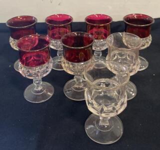 Indiana Glass Kings Crown Ruby Flash Cordial Goblets, Set of 8, 4" Tall, Vintage Pressed Glass