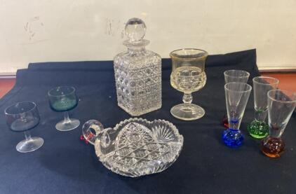 Vintage Glassware Collection: Cut Glass Decanter, Colored-Stem Cordials, Pressed Glass Dish