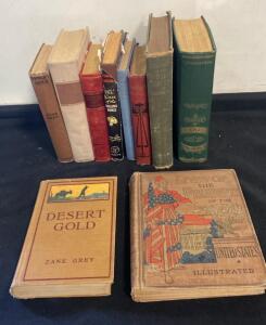 Antique Book Lot: Zane Grey, Stowe, Eliot, Illustrated U.S. History, 8 Decorative Hardcovers