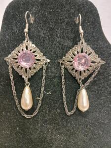 Vintage Filigree Dangle Earrings with Pink Stones and Pearl-Like Drops