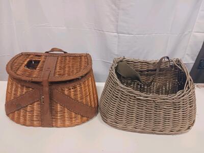 Vintage Wicker Fishing Creels, Leather Trim, Vented Lids, ~14" x 8", Lot of Two