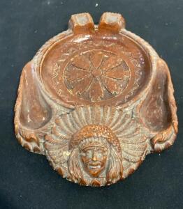 Vintage Native American Chief Decorative Ashtray, Plaster Resin, 1950s, Brown, 2 Rests