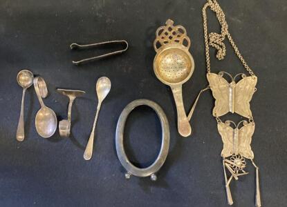 Vintage Silver and Silver Plated Flatware & Jewelry Lot &ndash; Spoons, Tea Strainer, Butterfly Pendant, 8 Pieces