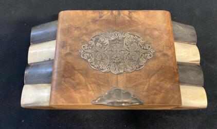 Antique Ornate Wood & Horn Cigar/ Cigarette Box with Engraved Metal Plaque, Circa 1880&ndash;1920, 12" Wide