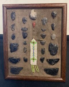 Native American Artifact Collection: 18 Arrowheads & Beadwork in Framed Display