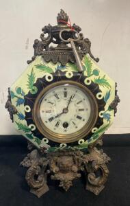 Ornate French Mantel Clock, Hand-Painted Enamel, Key-Wind, Porcelain Dial, Bronze Base, 15"