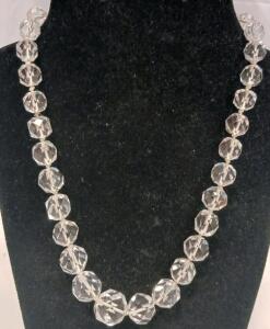 Vintage Graduated Faceted Clear Crystal Glass Bead Necklace, 18 Inch Single Strand