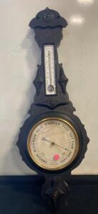Antique Wall Aneroid Barometer & Thermometer, Ebonized Wood, 28&ndash;31 inHg, Dual Scale, c. 1900