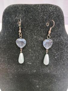 Silvertone Dangling Earrings with Light Blue Heart and Teardrop Stones, Fish Hook Backs