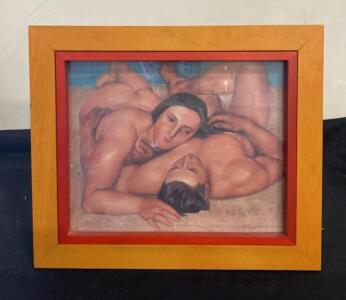 Framed Art Print of Reclining Nudes with Light Wood Frame and Red Mat 13&rdquo;x11&rdquo;