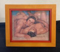 Framed Art Print of Reclining Nudes with Light Wood Frame and Red Mat 13&rdquo;x11&rdquo;