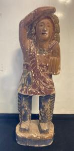 Carved Wooden Cigar Store Indian Statue, Feathers, Sash, 28&rdquo; Tall, Vintage Folk Art