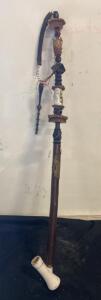 Antique German Hunter&rsquo;s Porcelain Pipe, Hand-Painted, 20&rdquo; Wood Stem, Brass & Antler Trim