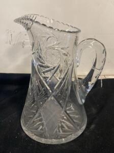 American Brilliant Period Cut Glass Water Pitcher with Starburst and Hobstar Patterns