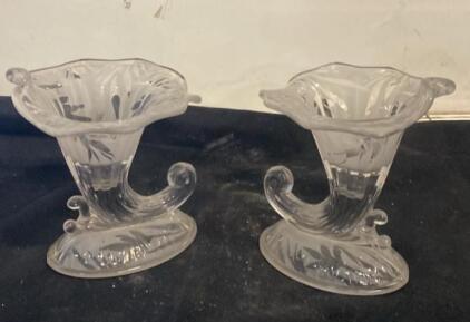 Pair of Mid-20th Century Clear Etched Glass Cornucopia Vases, 7" Tall