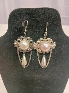 Vintage-Style Filigree Dangling Earrings, Silver-Tone with Imitation Pearls and Chain Detail