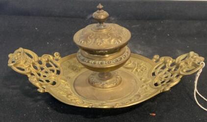 Antique Victorian Brass Inkwell with Ornate Handles and Hinged Lid