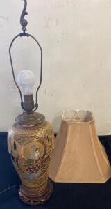 Japanese Satsuma-Style Table Lamp, Hand Painted Immortal Figures, Wooden Base, Lampshade Included ( Works )