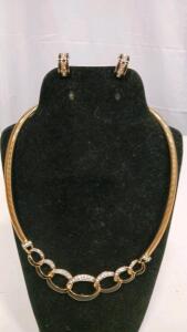 Gold-Tone Necklace & Hoop Earrings Set with Clear Stones, Pave Link Design, Lever-Back Closure
