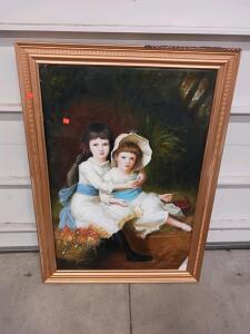 Large Framed Oil Portrait Painting &ndash; Victorian Style, Two Children, 40"x29", Ornate Gold Frame