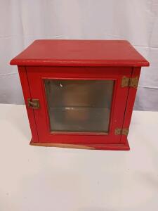 Vintage Red Wooden Display Cabinet with Glass Panels and Brass Hardware