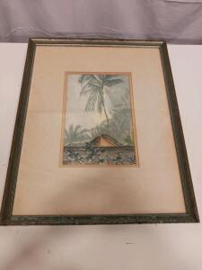 Framed Tropical Watercolor Scene Signed "Hop" &ndash; 20"x16" Distressed Wood Frame, Glass, Matting