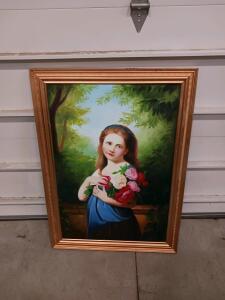 Large 41.5"x29" Framed Portrait Print &ndash; Young Girl with Flowers, Ornate Gold Frame