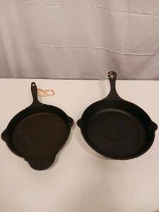 Pair of Cast Iron Skillets, Estimated 8" & 10" Sizes, Dual Pour Spouts, Integral Handles