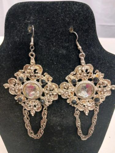 Gold-Tone Filigree Chandelier Dangle Earrings with Clear & Black Stones, Double Chain Drop