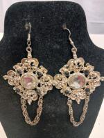 Gold-Tone Filigree Chandelier Dangle Earrings with Clear & Black Stones, Double Chain Drop