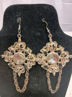 Gold-Tone Filigree Chandelier Dangle Earrings with Clear & Black Stones, Double Chain Drop - 2